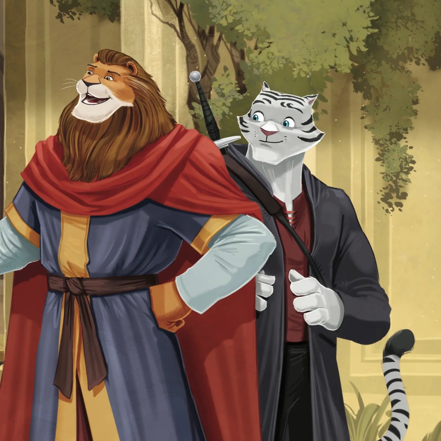 Illustration of a lion and a cat in formal attire.
