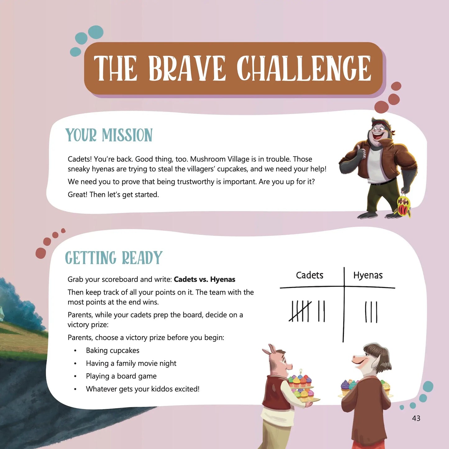 Children's book page titled 'The Brave Challenge' with illustrations and text.
