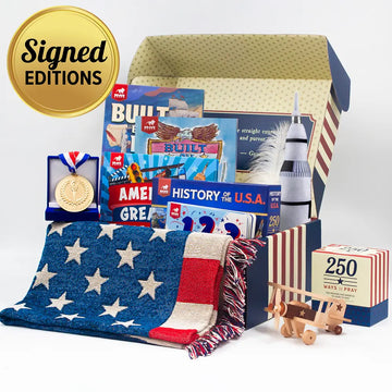 Collection of educational books and toys with patriotic theme, including books about history and inventions.