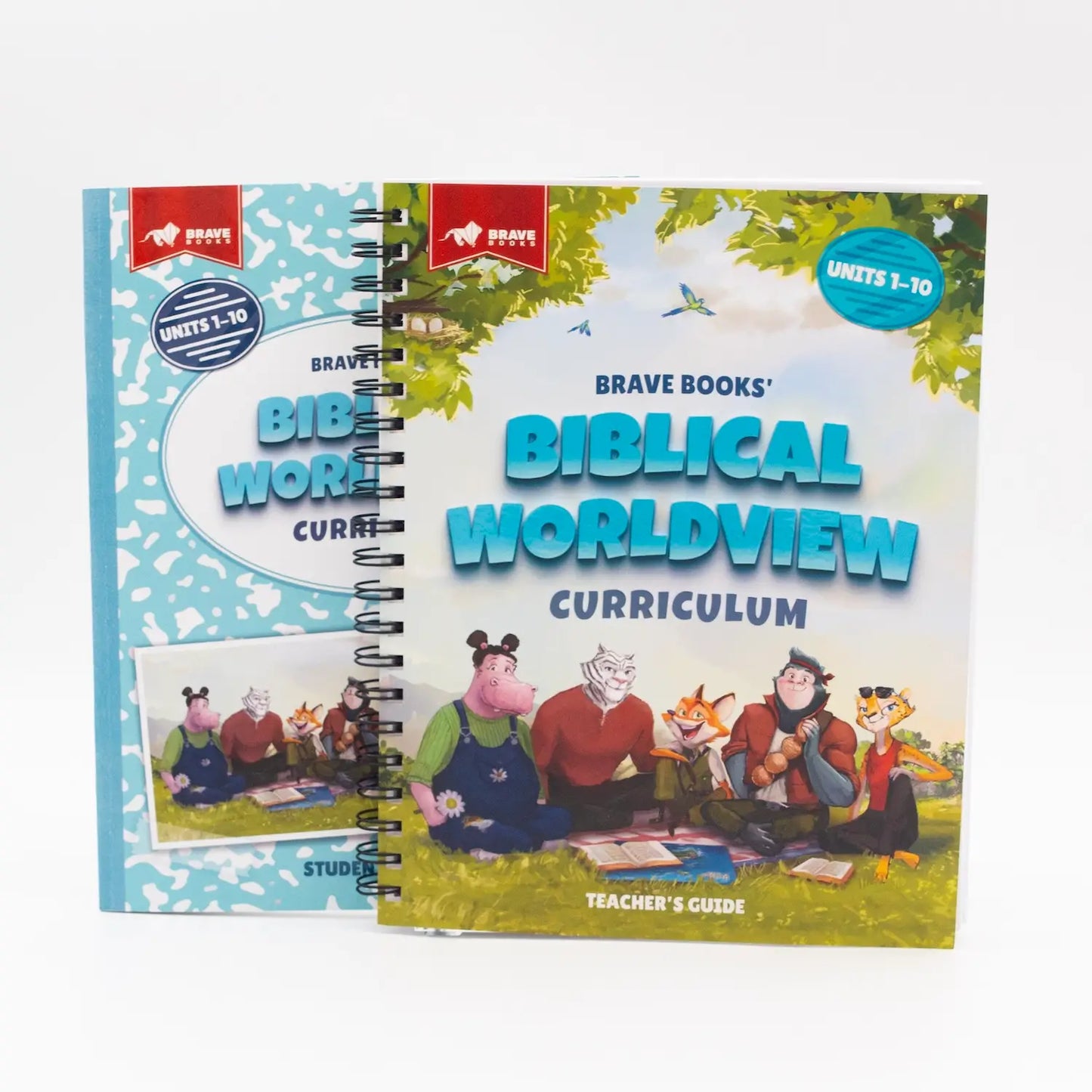 Brave Books' Biblical Worldview Curriculum book with colorful cover and cartoon characters on a white background