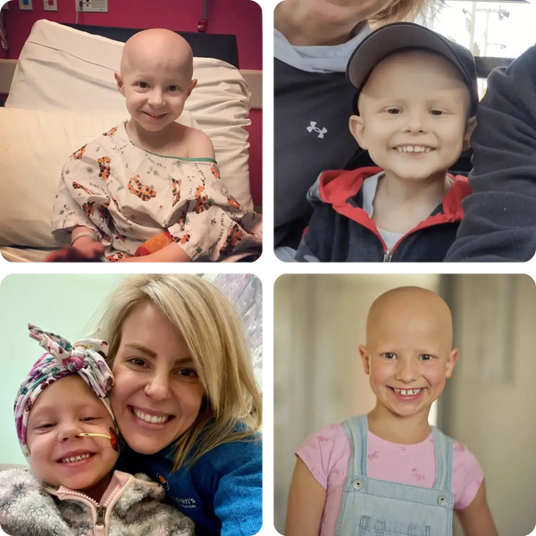 Collage of four photos featuring a child with cancer, including a family selfie and close-up portraits.