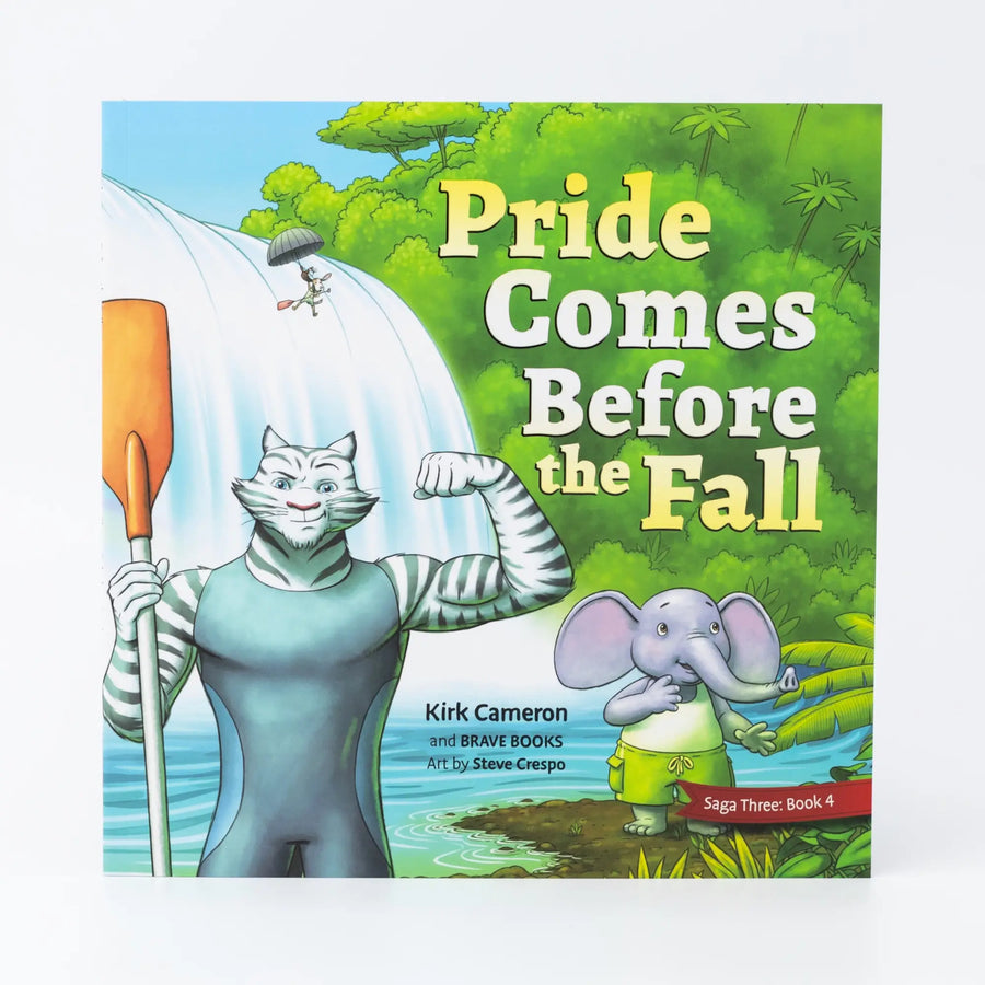 Children's book cover for 'Pride Comes Before the Fall' featuring illustrated characters including a cat and an elephant, set against a backdrop of a waterfall and trees.