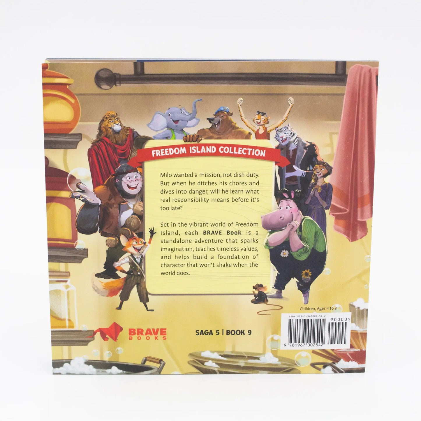 Back cover of a children's book titled "Milo's Mission" with character illustrations and text.