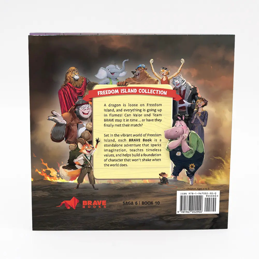 Back cover of the Brave Books 'Freedom Island Collection' book, showing illustrated characters from the story, a synopsis, the Brave Books logo, and a barcode on a white background.