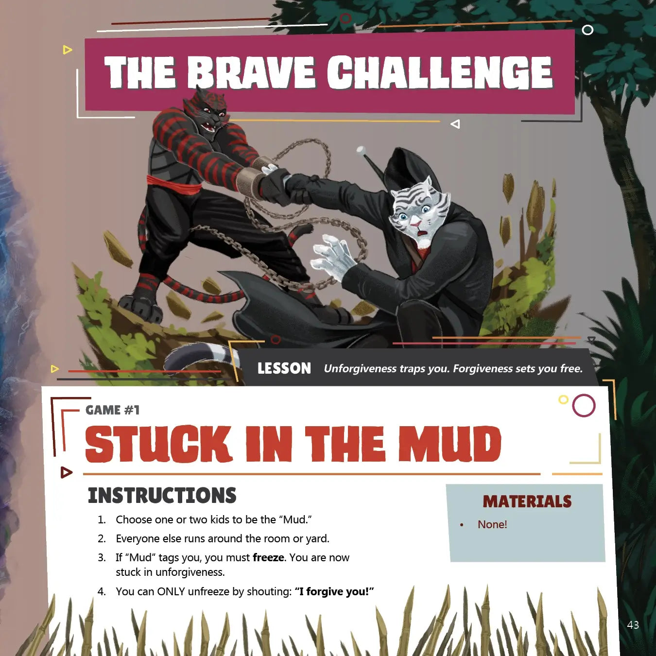 Illustration of two characters in a 'The Brave Challenge' game with instructions on forgiving.