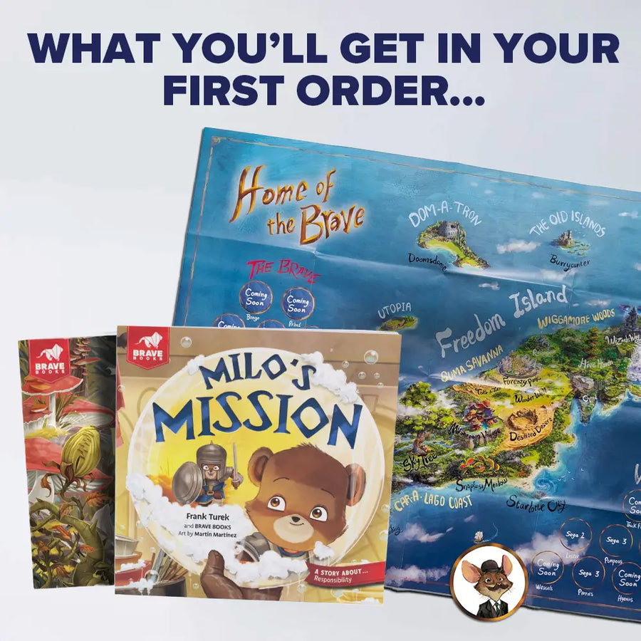 Children's books and map titled 'Home of the Brave' and 'Milo's Mission' on a white background.