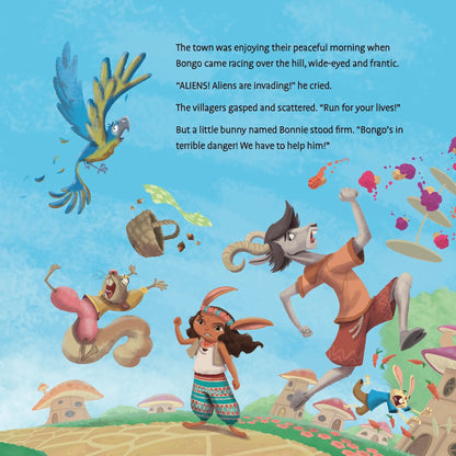 Illustrated book page with characters and text about an alien invasion.