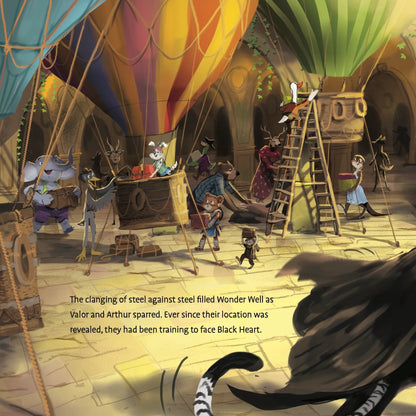 Illustration of a bustling marketplace with characters and hot air balloons in a fantasy setting.