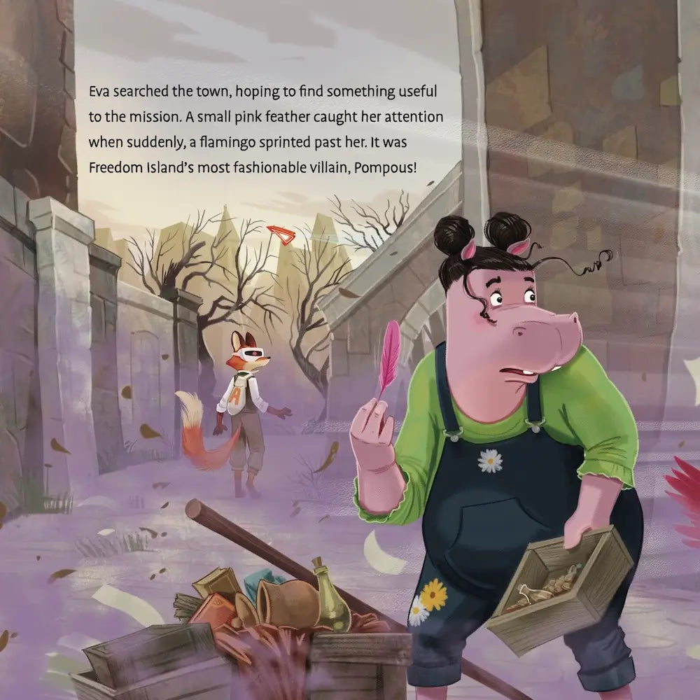 Cartoon character holding a pink feather with a fox in the background, set against a cityscape.