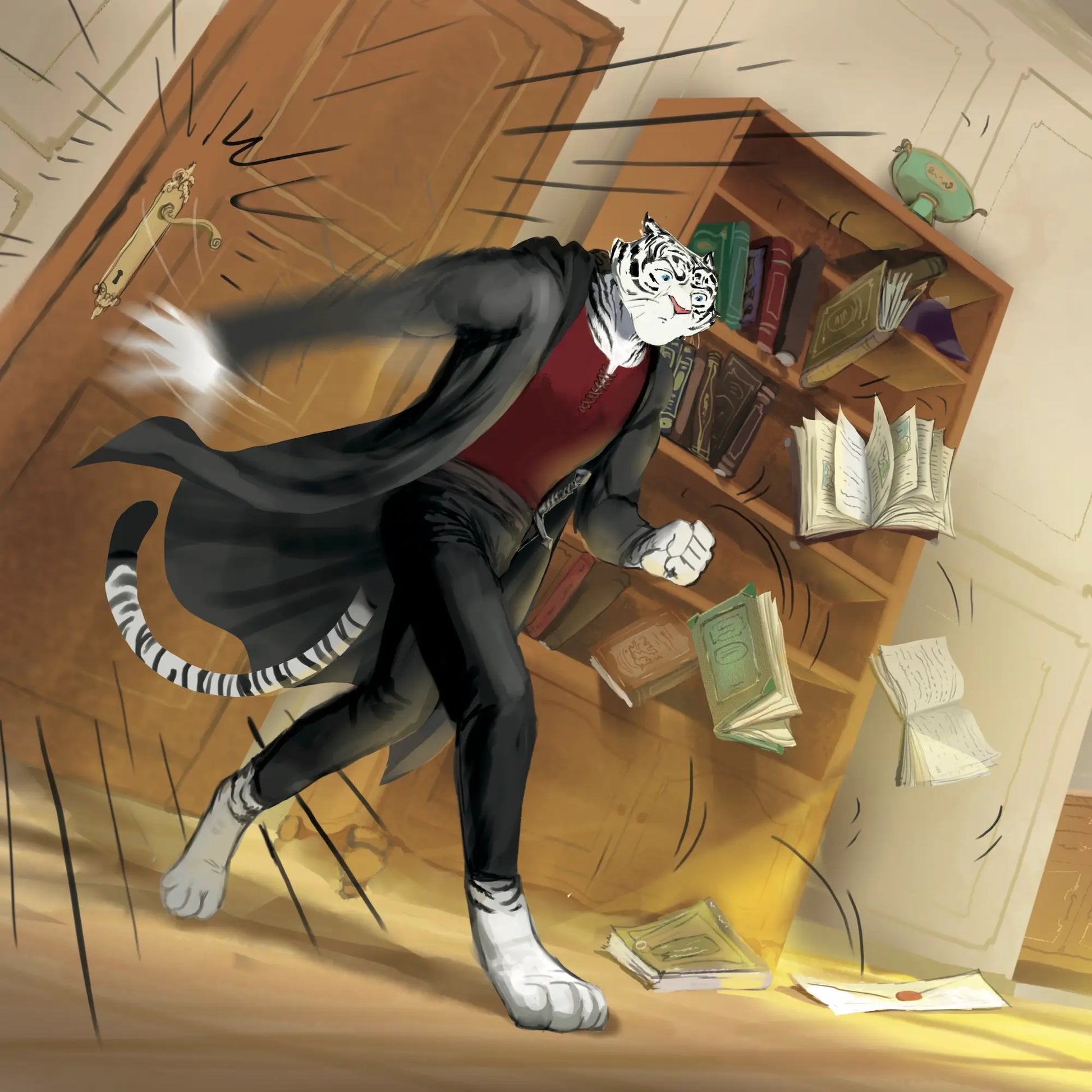 Animated character with a tiger head in a room with books and furniture