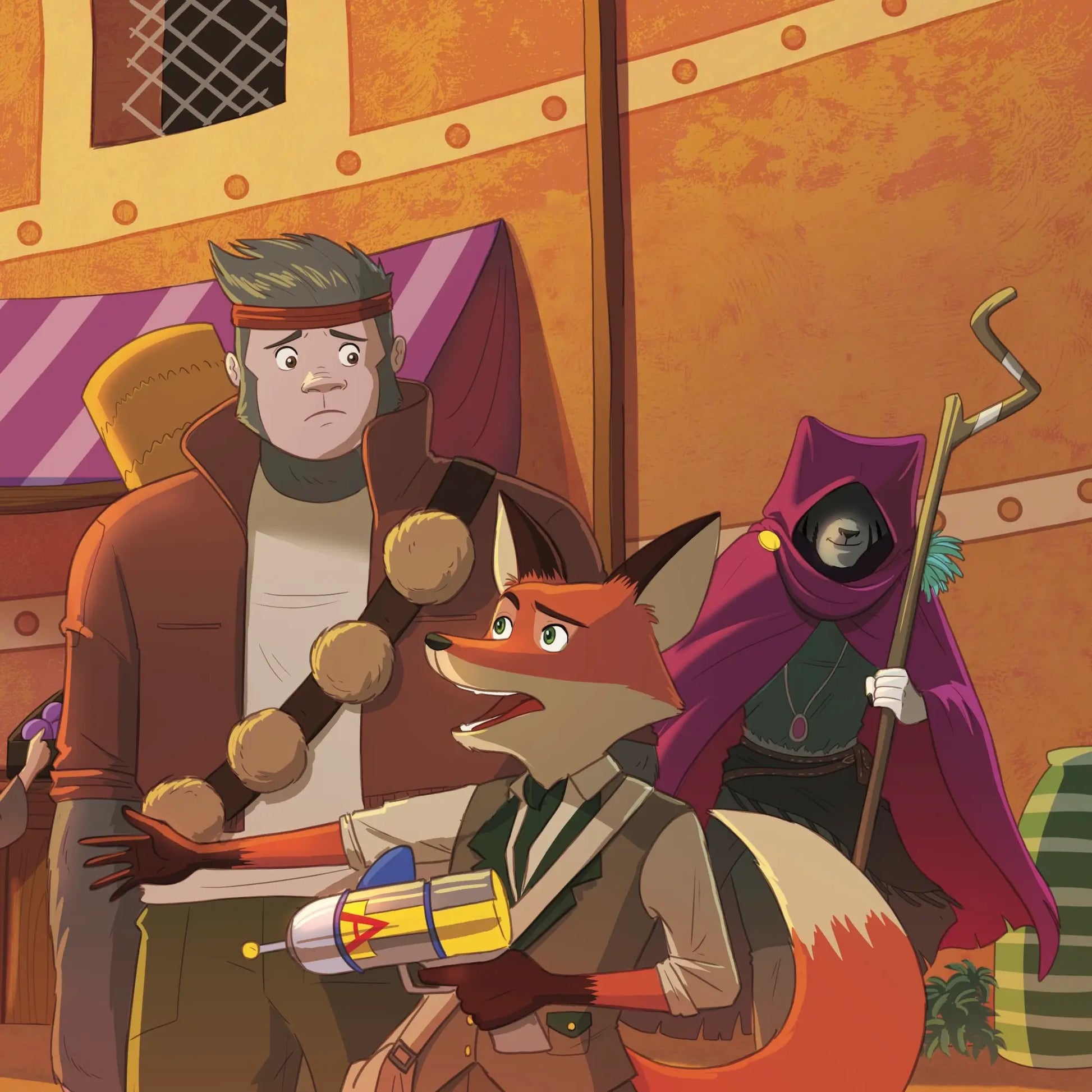 Cartoon fox character with a weapon in a colorful room with characters and furniture.