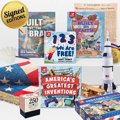 Collection of educational books and toys with patriotic theme, including books about history and inventions.