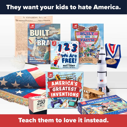 Educational toys and books with patriotic theme on a white background