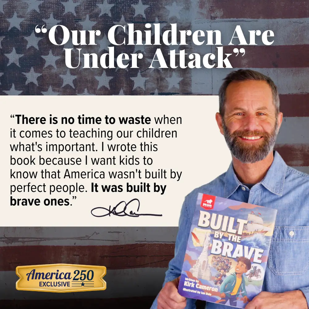 Man holding a book titled 'Built by the Brave' with text about children under attack and a focus on America's history.