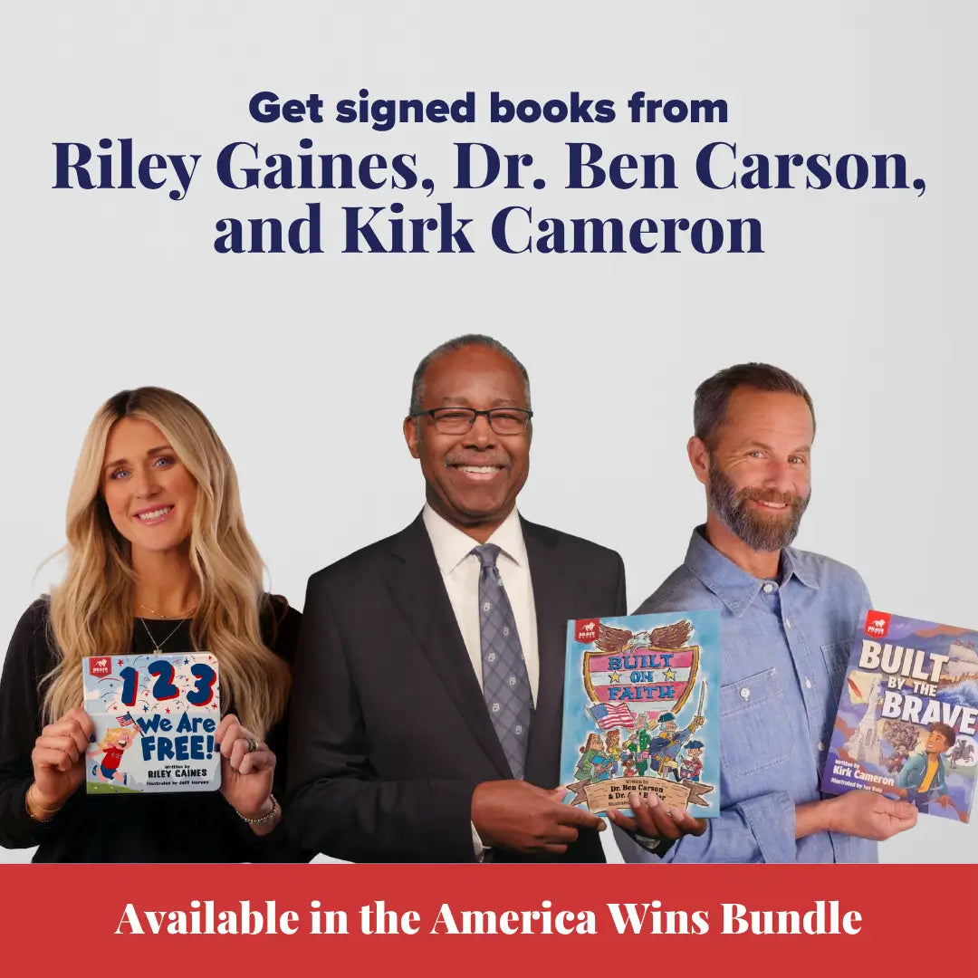 Promotional image of Riley Gaines, Dr. Ben Carson, and Kirk Cameron holding books with text about signed books and the America Wins Bundle.
