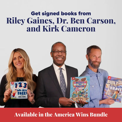 Promotional image of Riley Gaines, Dr. Ben Carson, and Kirk Cameron holding books with text about signed books and the America Wins Bundle.
