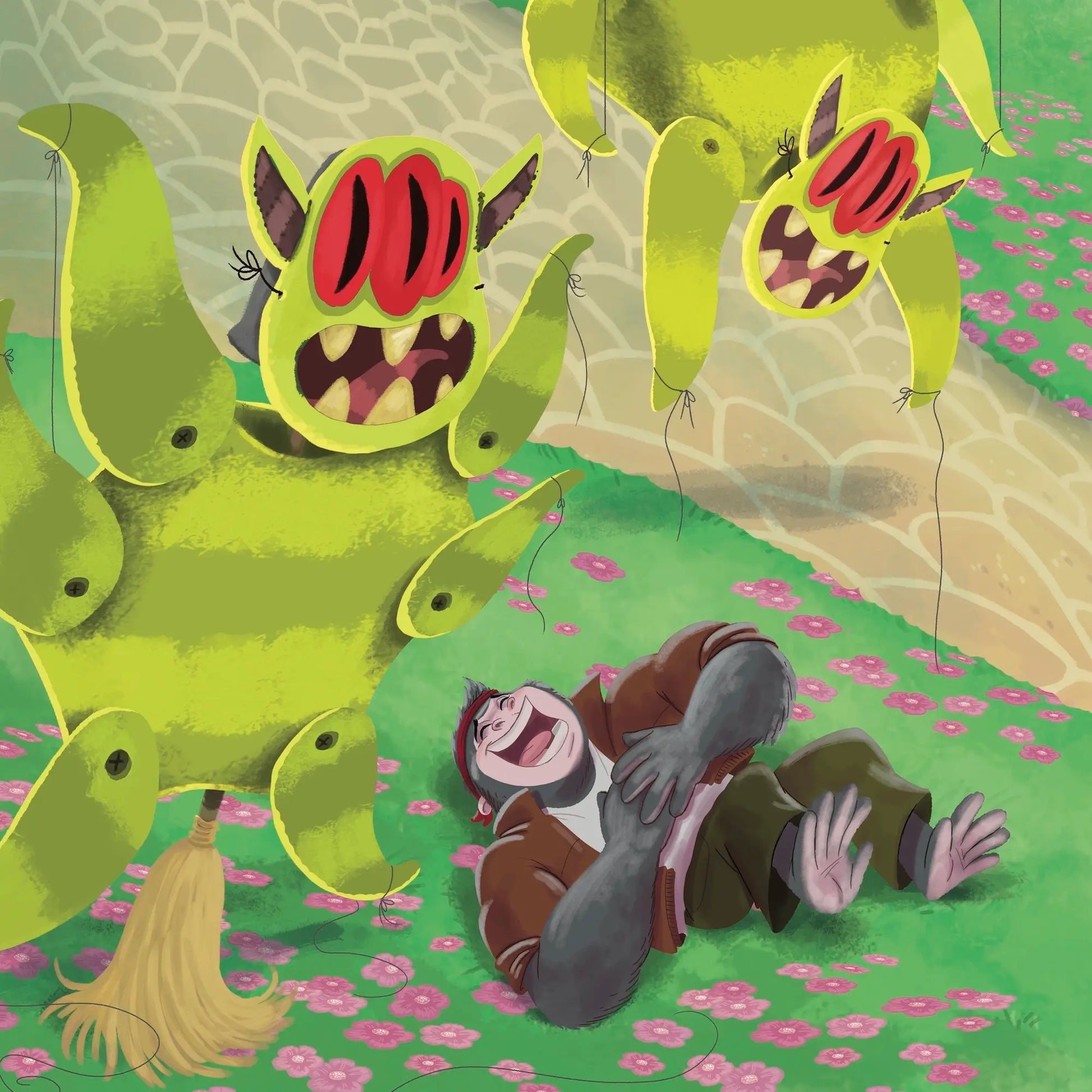 Cartoon character lying on the ground with green monsters in the background