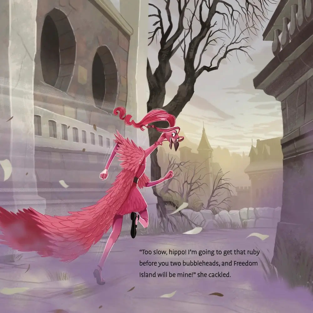 Illustration of a character in a pink dress running through an urban setting with text overlay.