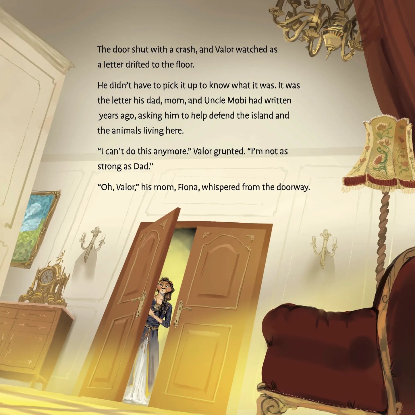 Illustration of a room with a door open, showing a person inside, with text overlay.