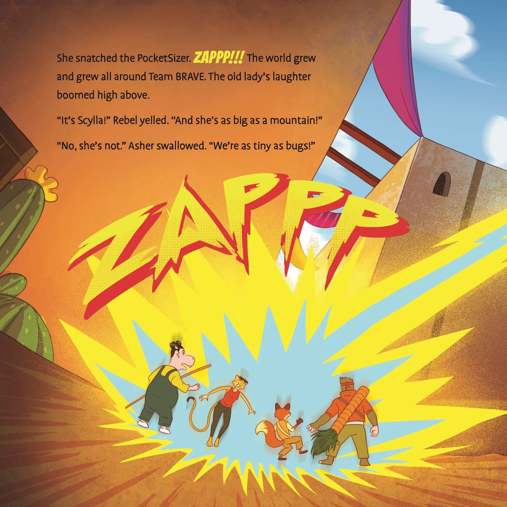 Comic book panel with characters and 'ZAPPP' text, featuring a colorful and dynamic layout.