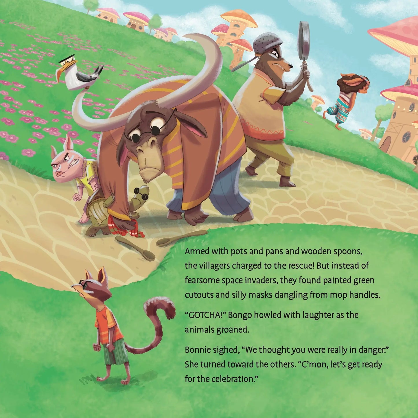 Illustrated scene from a children's book with animals and text.