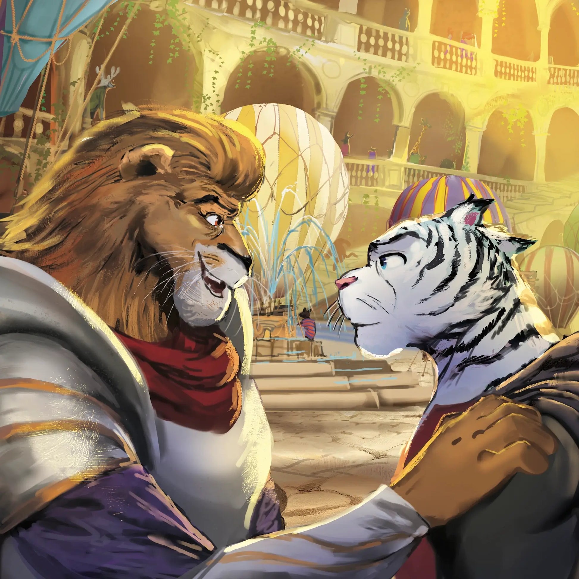 Two anthropomorphic lions in a fantasy setting with balloons and architecture.