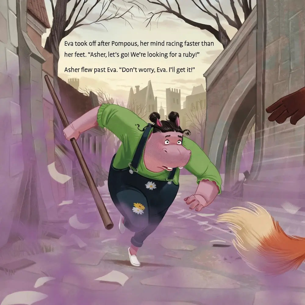Cartoon character running with a broomstick in a fantasy setting
