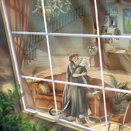 Decorative window view of a room with a couple embracing on a couch.