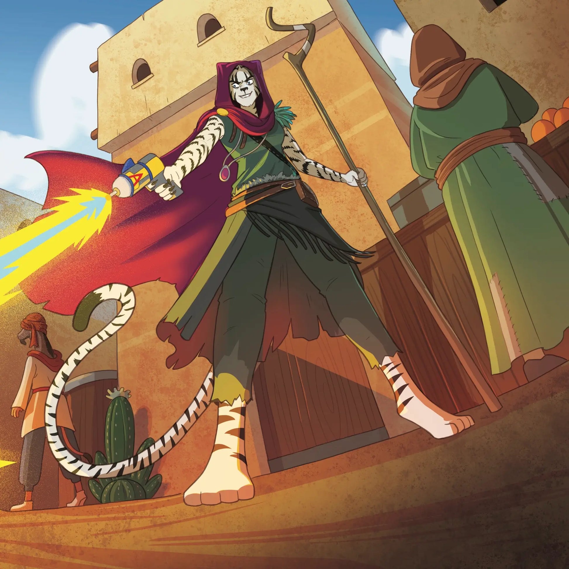Animated character with a red cape and staff in a desert setting