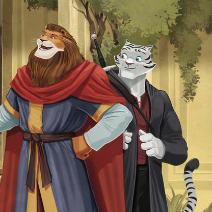 Illustration of a lion and a cat in formal attire.