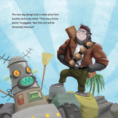 Cartoon character with a robot and text about building a robot army.