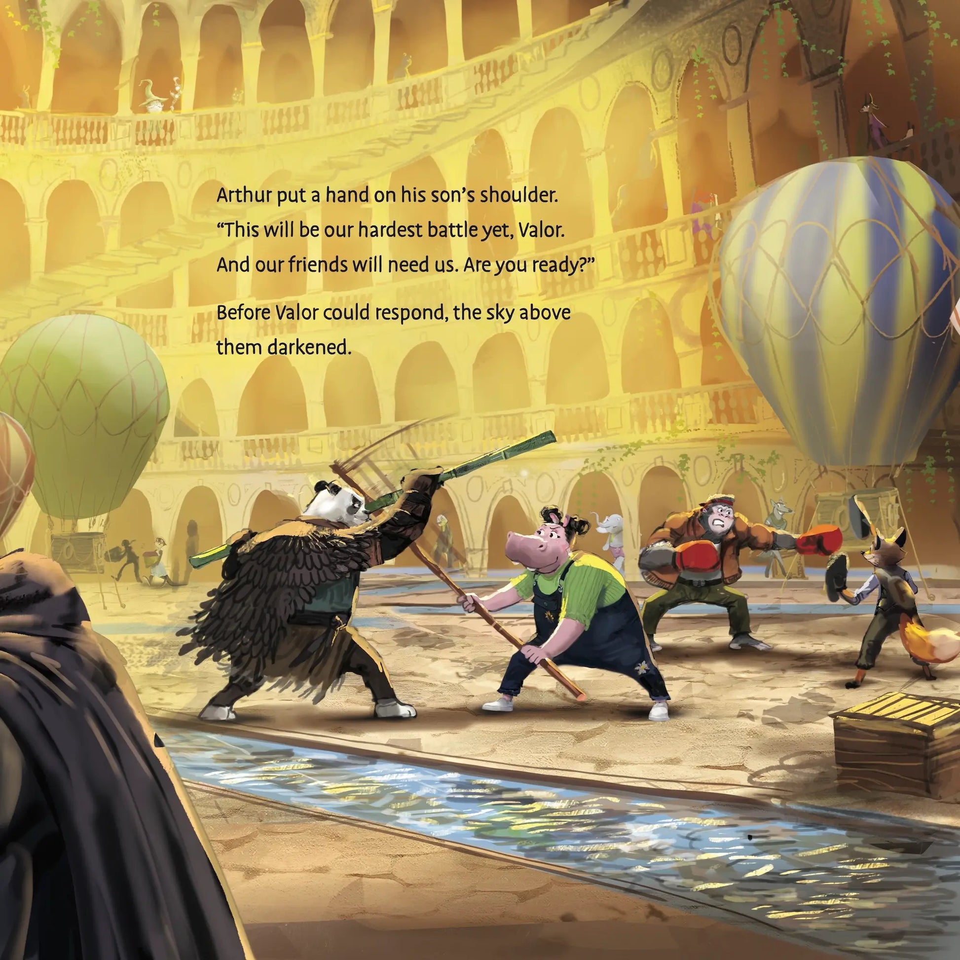 Animated scene with characters in a colosseum-like setting with hot air balloons.