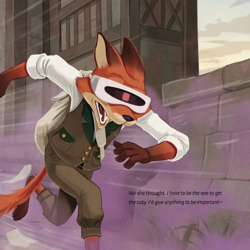 Animated character running with a determined expression in an urban setting