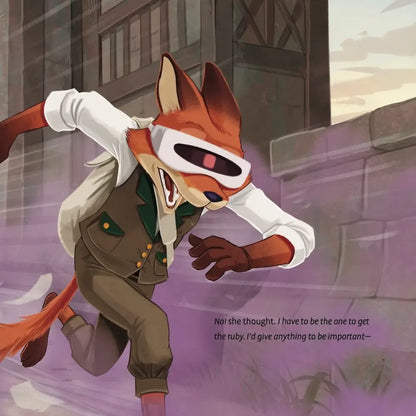 Animated character running with a determined expression in an urban setting