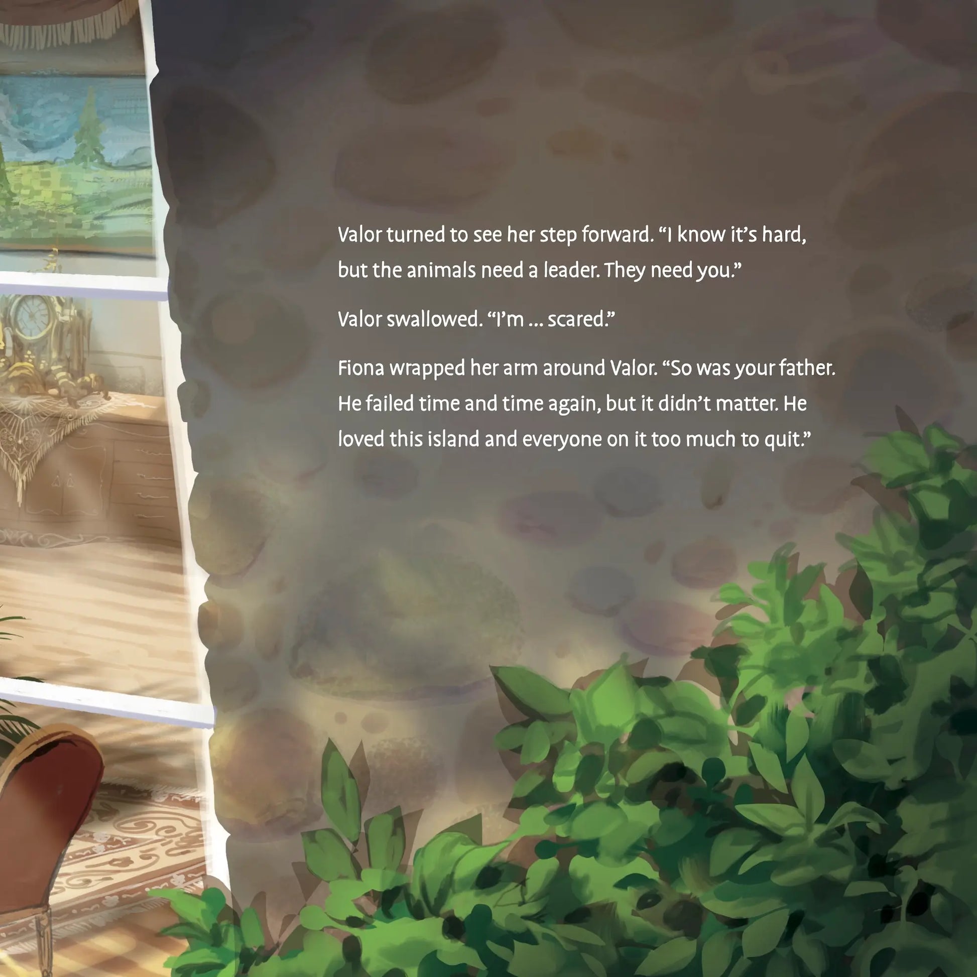 Text overlay on a scene with a large creature and indoor setting