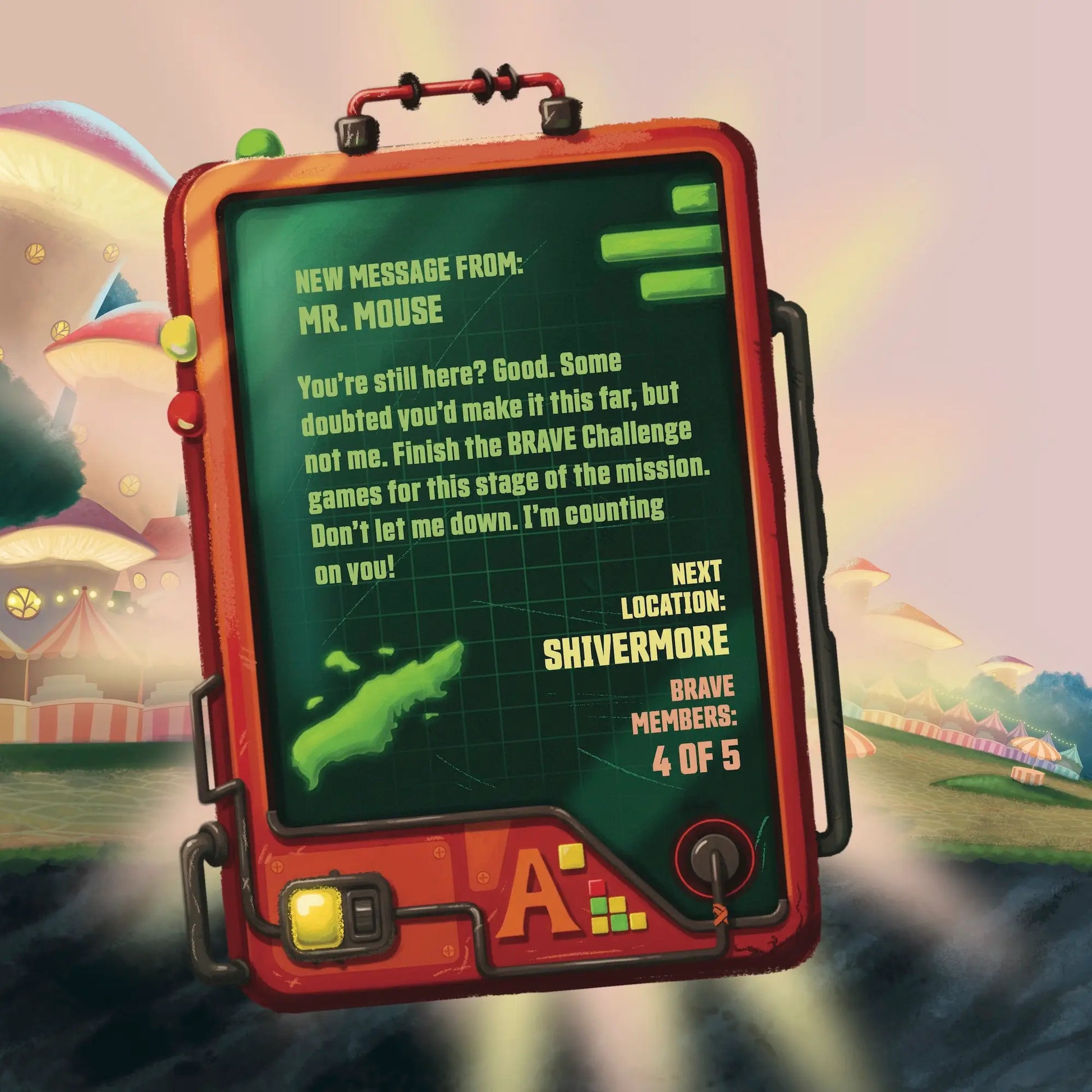 Digital display with text and graphics on a colorful background