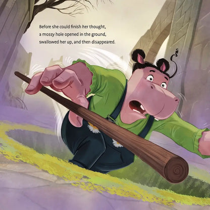 Cartoon character in a green shirt and pink pants holding a wooden staff, with text about a hole opening in the ground.