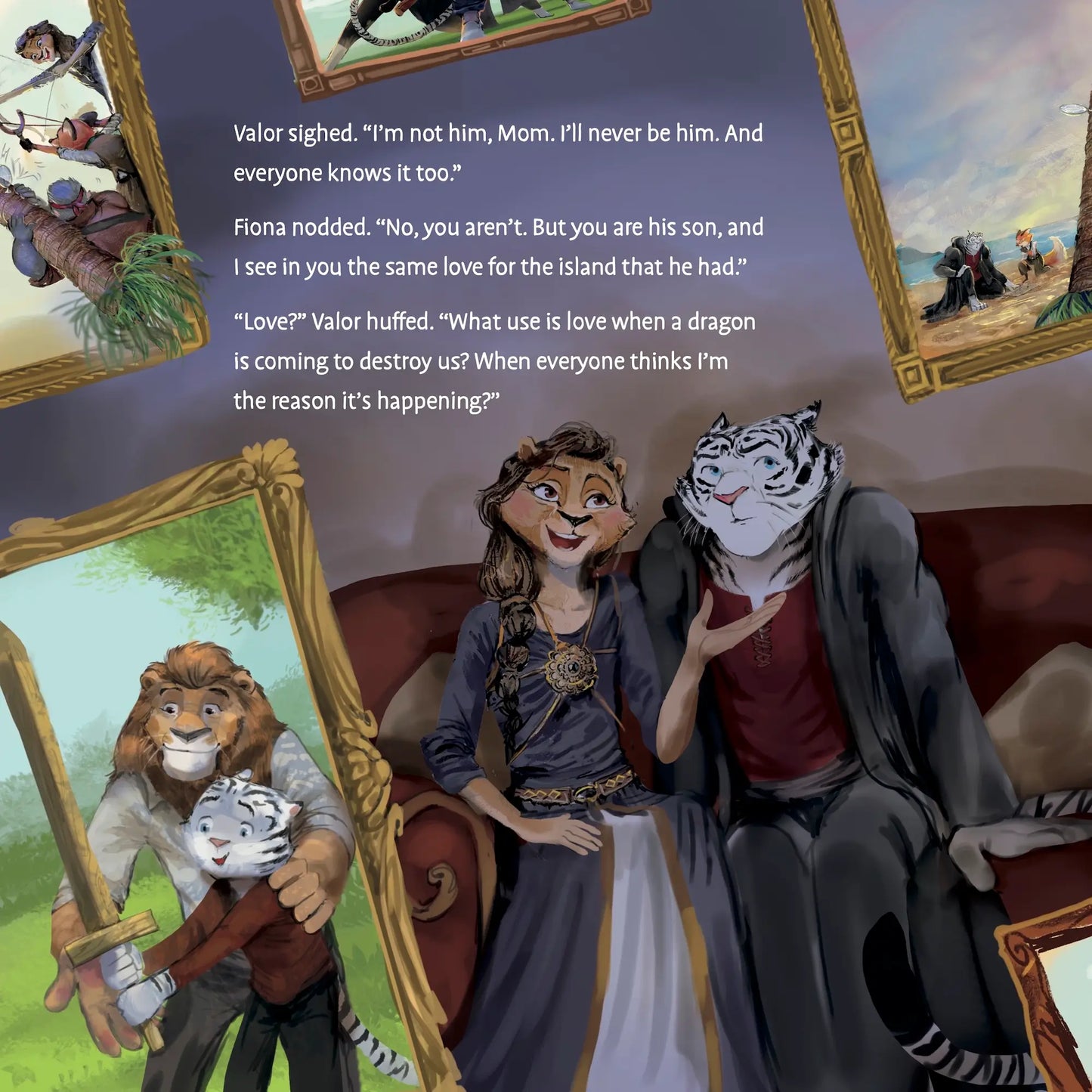 Illustration of a couple with animal heads sitting on a couch, surrounded by framed pictures and text.