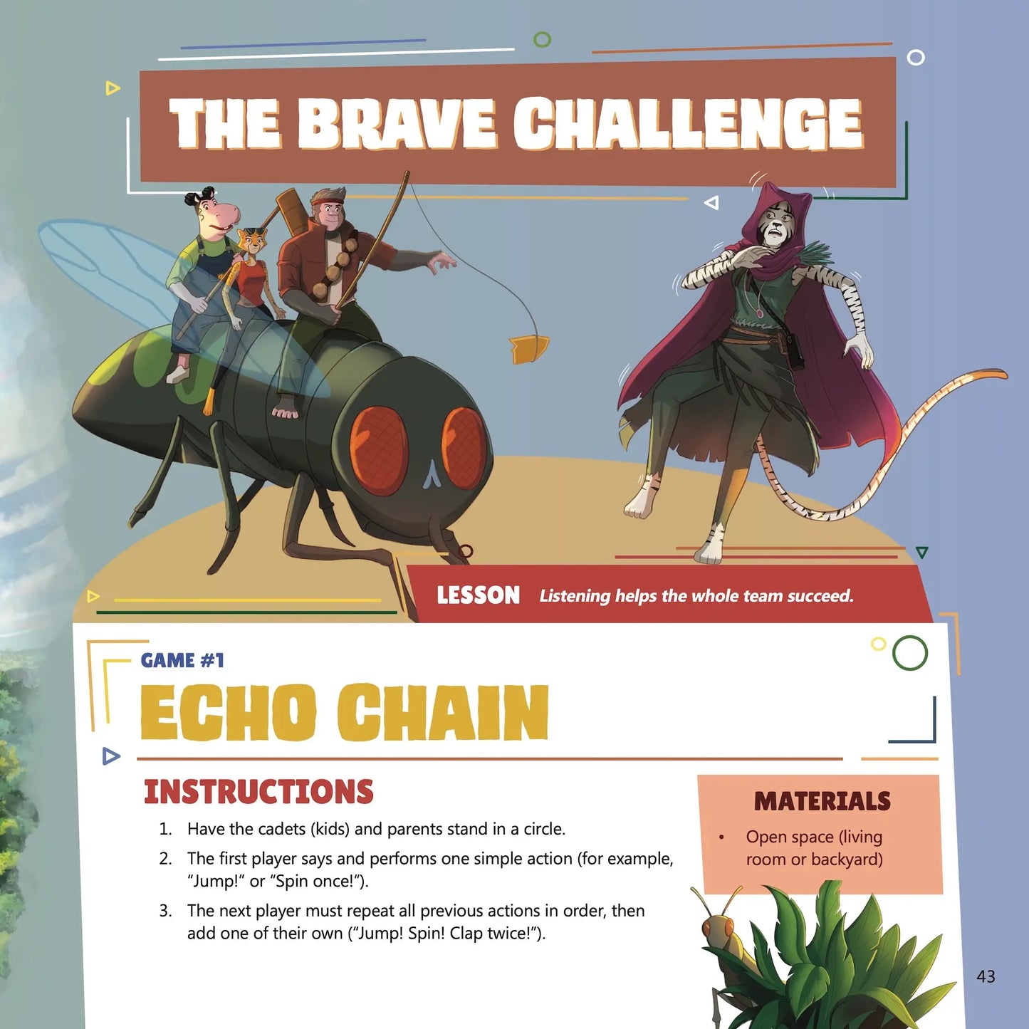 Illustrated page from a book titled 'The Brave Challenge' with characters and game instructions.