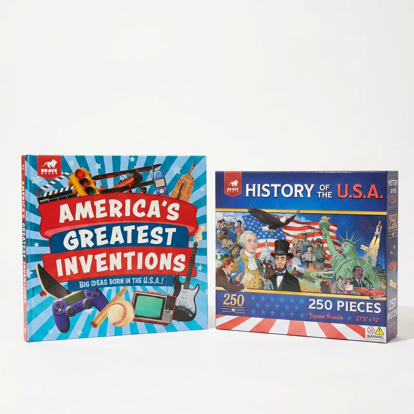 A book titled 'America's Greatest Inventions' and a puzzle called 'History of the U.S.A.' on a white background