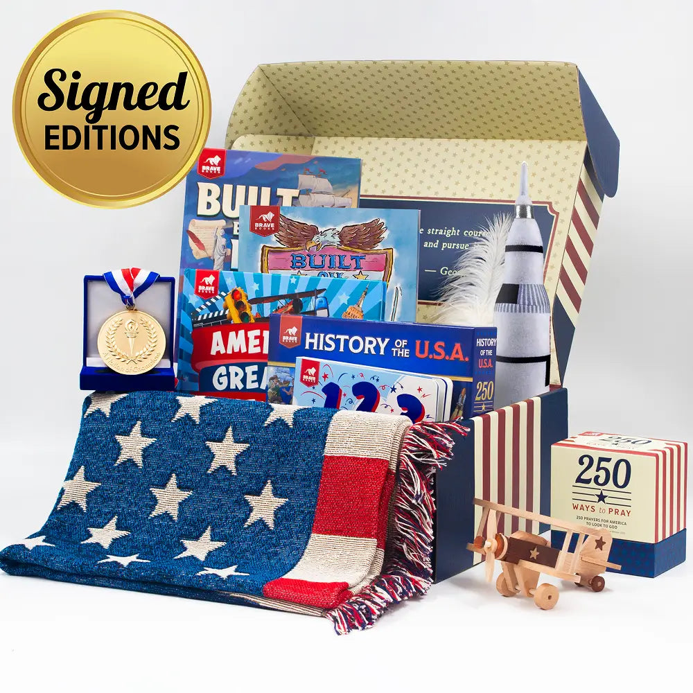 Collection of educational books and toys with patriotic theme, including books about history and inventions.