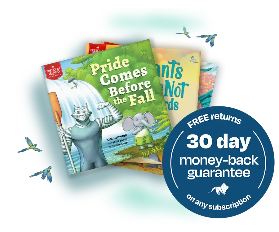 BRAVE Books book stack with a badge that explains that 30 day money back guarantee