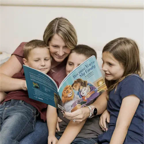 A mom and her children reading Because You're My Family, a BRAVE Books book