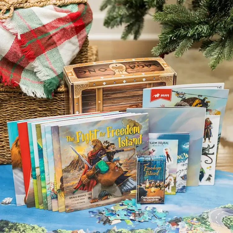 A collection a BRAVE Books Saga 1 Treasure Box products under a Christmas tree
