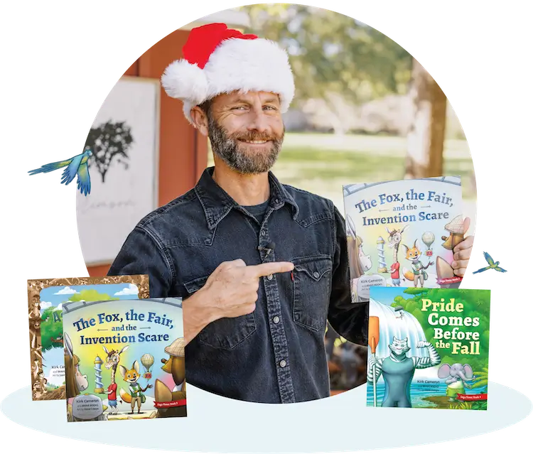 Kirk Cameron pointing at his Children's book, The Fox, the Fair, and the Invention Scare