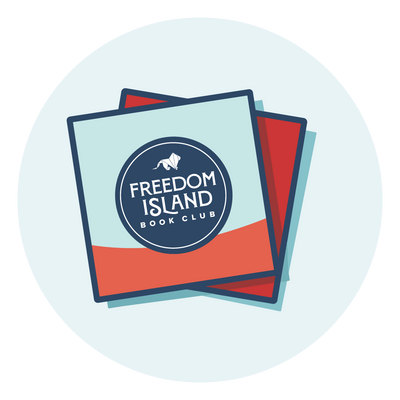 2 cartoon books stack on each other reading Freedom Island Book Club in a blue circle