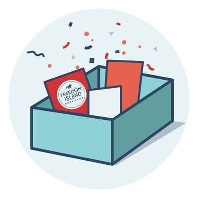 A cartoon box with confetti coming down and cards sticking out with one saying Freedom Island Book Club