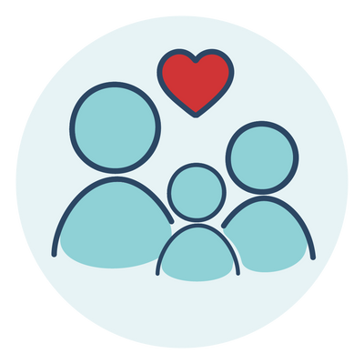 A cartoon family with 3 characters and a red heart above them in a blue circle
