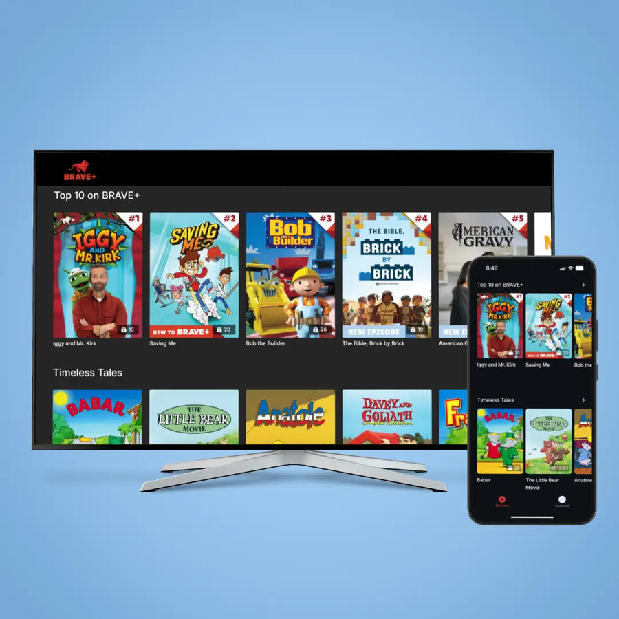 TV and smartphone displaying BRAVE+ children's programming on a blue background