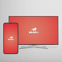 A smartphone and a television screen showing the BRAVE+ streaming app interface with a red background and the BRAVE+ logo.